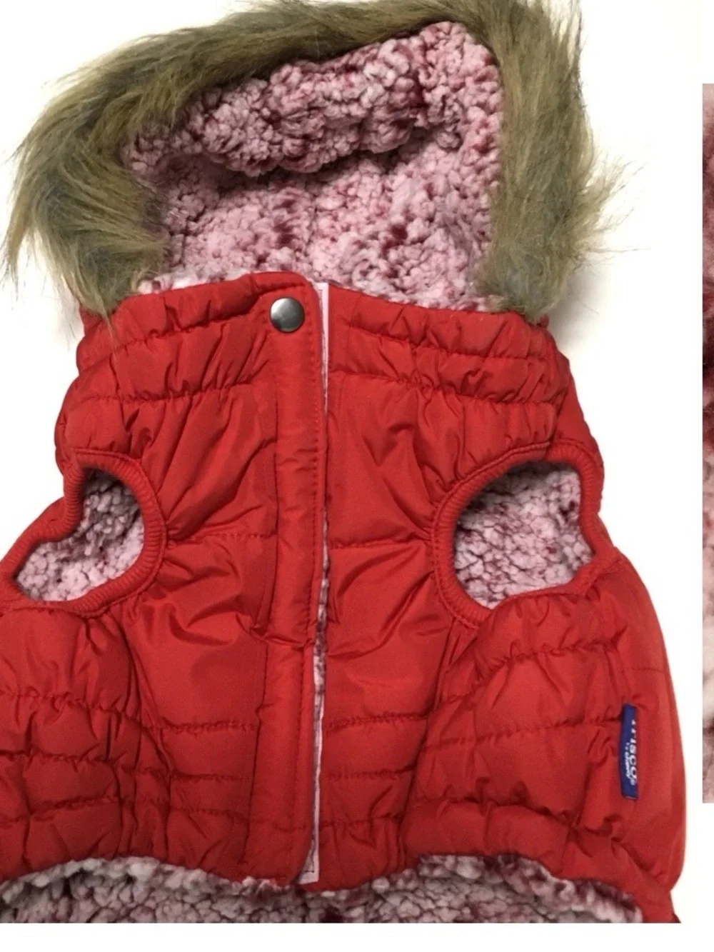 Frisco L Dog Winter Coat Red Parka Faux Fur Trim Hood Faux Sherpa Lined Jacket